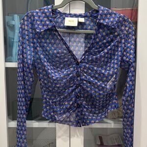 Maeve Sheer Blue and Brown Patterned Blouse